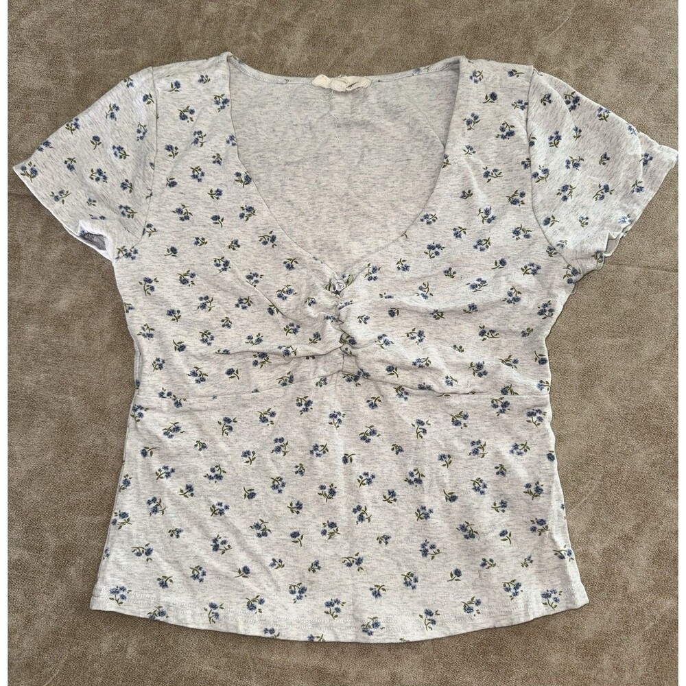 Womens White Flower Short Sleeve Crop Top Size MEDIUM M